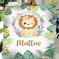 Personalized Lion Cub Wearing Flowers Blankets for Girls Boys - Customized Baby Gifts with Name