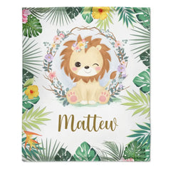 Personalized Lion Cub Wearing Flowers Blankets for Girls Boys - Customized Baby Gifts with Name