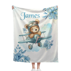 Personalized Blue Airplane Bear Name Blanket