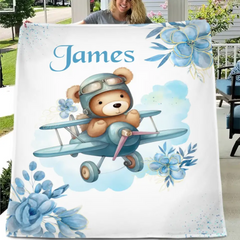 Personalized Blue Airplane Bear Name Blanket