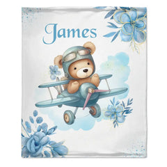 Personalized Blue Airplane Bear Name Blanket