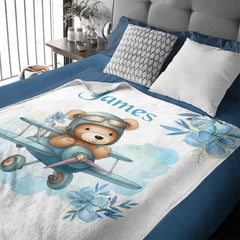 Personalized Blue Airplane Bear Name Blanket