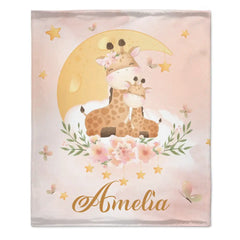 Sleeping Baby Animals on Moon, Personalized Baby Name Blanket