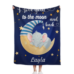 I Love You To The Moon And Back - Personalized Blue Name Blanket - Stars, Baby Elephant And Moon With Nightcap