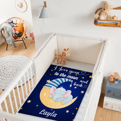 I Love You To The Moon And Back - Personalized Blue Name Blanket - Stars, Baby Elephant And Moon With Nightcap