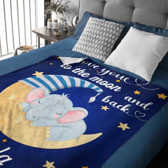 I Love You To The Moon And Back - Personalized Blue Name Blanket - Stars, Baby Elephant And Moon With Nightcap