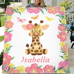 Personalized Adorable Deer Flower Edge Baby Blanket With Name