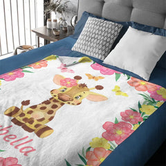 Personalized Adorable Deer Flower Edge Baby Blanket With Name