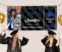 Personalized Graduation 2024 Banner with Glitter, Custom Photo Name