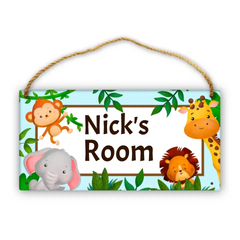 Personalized Name Baby Blue Jungle Animals Door Sign