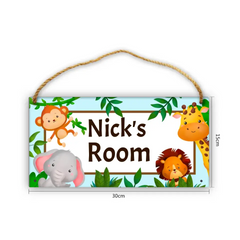 Personalized Name Baby Blue Jungle Animals Door Sign