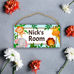 Personalized Name Baby Blue Jungle Animals Door Sign