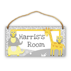 Personalized Grey Name Door Sign - Animal Jungle Forest Giraffe Owl Elephant