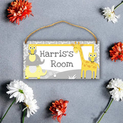 Personalized Grey Name Door Sign - Animal Jungle Forest Giraffe Owl Elephant