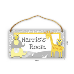 Personalized Grey Name Door Sign - Animal Jungle Forest Giraffe Owl Elephant