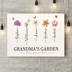 Personalized Canvas Wall Art - Grandma‘s Garden Love Grows Here, Beautiful Birth Month Flower Gift For Grandma Mom