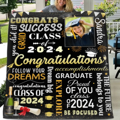 Personalized Senior Class of 2024 Champagne Black Blankets with Photo and Name