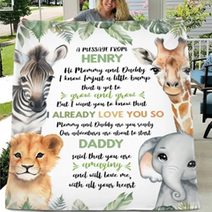 Personalized Zebra Lion Baby Elephant Deer On The Left And Right Sides Woodland Blanket- Mommy And Daddy