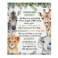 Personalized Zebra Lion Baby Elephant Deer On The Left And Right Sides Woodland Blanket- Mommy And Daddy