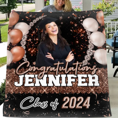 Custom Glitter Balloon Congrats Class Of 2024 Graduation Blanket - Graduation Party Decorations