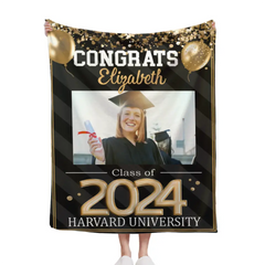 Congrats Balloon 2024 Senior Photo Multicolor Glitter Blanket, Graduation Decoration Gift