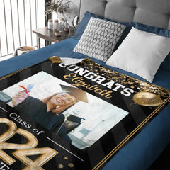 Congrats Balloon 2024 Senior Photo Multicolor Glitter Blanket, Graduation Decoration Gift