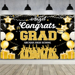 Blue and Gold Large Size Congrats Grad Background Banner, Balloon Star and Small Round White Lamp