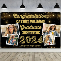 2024 Gold Sketch 4 Photo Collage Graduation Party Banner