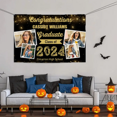 2024 Gold Sketch 4 Photo Collage Graduation Party Banner