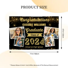 2024 Gold Sketch 4 Photo Collage Graduation Party Banner