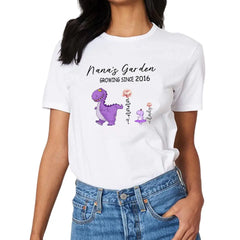 Nana's Garden T-shirt - Customized Name Dinosaur Month Flowers