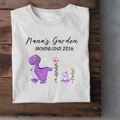 Nana's Garden T-shirt - Customized Name Dinosaur Month Flowers