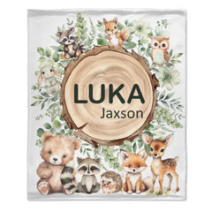 Woodland Stump Announcement Small Animal Friends Baby Name Blanket - Forest Animals Bear Fox Raccoon Deer