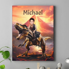 Personalized Custom Dinosaur Canvas Wall Art - Child Riding T-Rex Dinosaur, Gifts For Grandson/Son/Dinosaur Lover