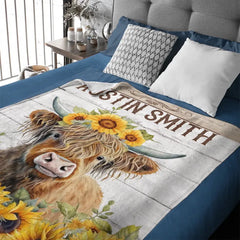 Free shipping✈️Personalized Name Sunflower Highland Cow Blanket - Gift For Baby Child Family Member