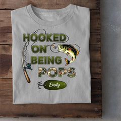 Hooked On Being Grandpa Fishing Camouflage Personalized Shirt, Father's Day Gift For Grandpa, Dad, Husband