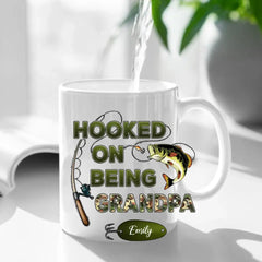 Hooked On Being Grandpa Fishing Camouflage Personalized Mug - Father's Day Gift For Grandpa, Dad, Husband