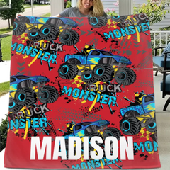 Free shipping✈️Personalized Monster Truck Name Custom Blanket, Customized Kids Birthday Gift Ideas