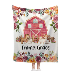 Free shipping✈️Floral Girl Farm Animal Blanket, Personalized Baby Girl Name Custom Blanket