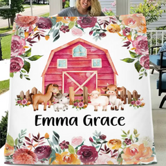 Free shipping✈️Floral Girl Farm Animal Blanket, Personalized Baby Girl Name Custom Blanket