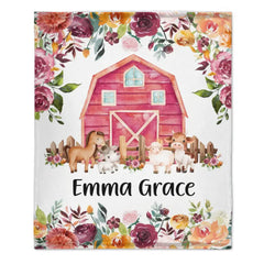 Free shipping✈️Floral Girl Farm Animal Blanket, Personalized Baby Girl Name Custom Blanket