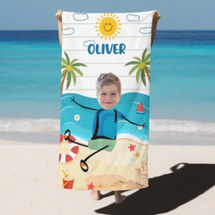 Custom Photo Playful Kids On The Beach Summer Vacation- Personalized Beach Towel