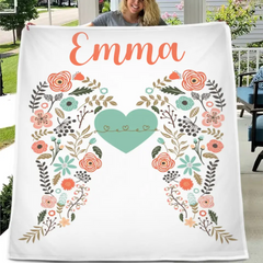 Free shipping✈️Personalized Angel Wings Baby Blanket, Custom Name Baby Blanket, Floral Heart Nursery Decor