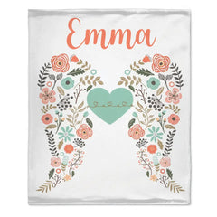 Free shipping✈️Personalized Angel Wings Baby Blanket, Custom Name Baby Blanket, Floral Heart Nursery Decor