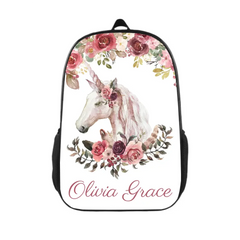 Floral Bohemian Custom Named Unicorn Book Bag, Pink Floral Girl Gift