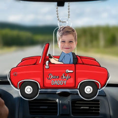 Custom Kids Photo Have A Safe Trip, Daddy - Family Personalized Custom Car Acrylic Ornament - Gift For Family Members