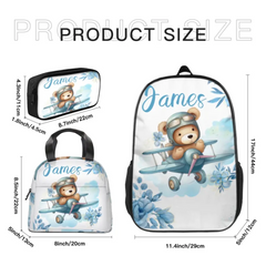 Personalized Blue Airplane Bear Name Backpack Children's School Season Gift