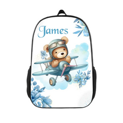 Personalized Blue Airplane Bear Name Backpack Children's School Season Gift