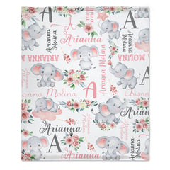 Floral Cute Elephant Personalized Customized Girl Blanket Birthday Gift Newborn Party Gift For Baby Kids Family