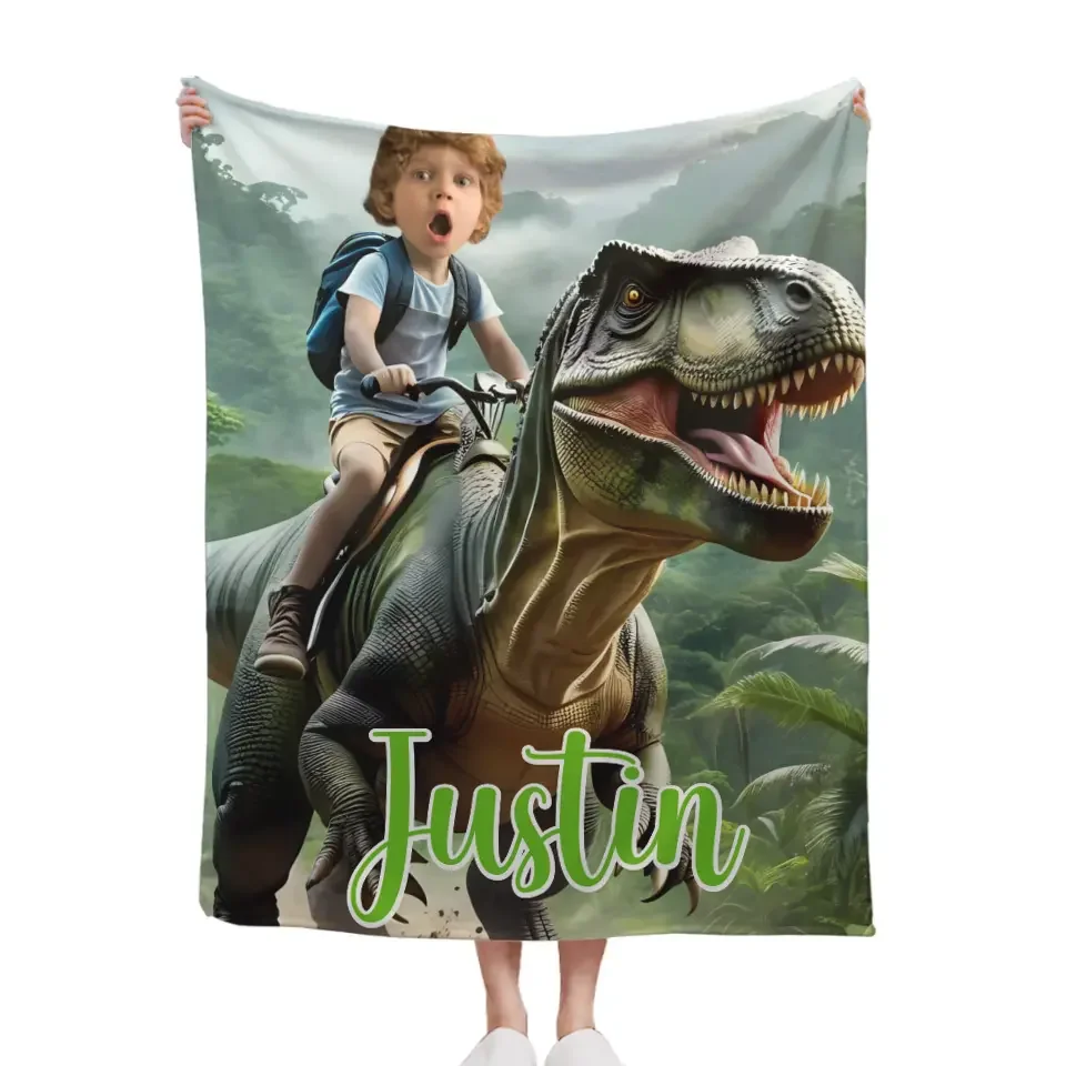 Custom Name Photo Blanket Personalized Paw Boy Riding Dinosaur Blanket - Joliny